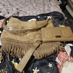 Wrangler Tan Fringe Suede Shoulder Bag with Matching Wallet and Wrist Strap